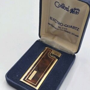 New VTG Art Deco Colibri Butane Pocket Lighter W Blue Velvet Box Gold Brown PETE